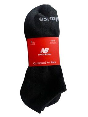New Balance 6 Pair Men's Black Cushioned No Show Socks Shoe Size 8-12.5